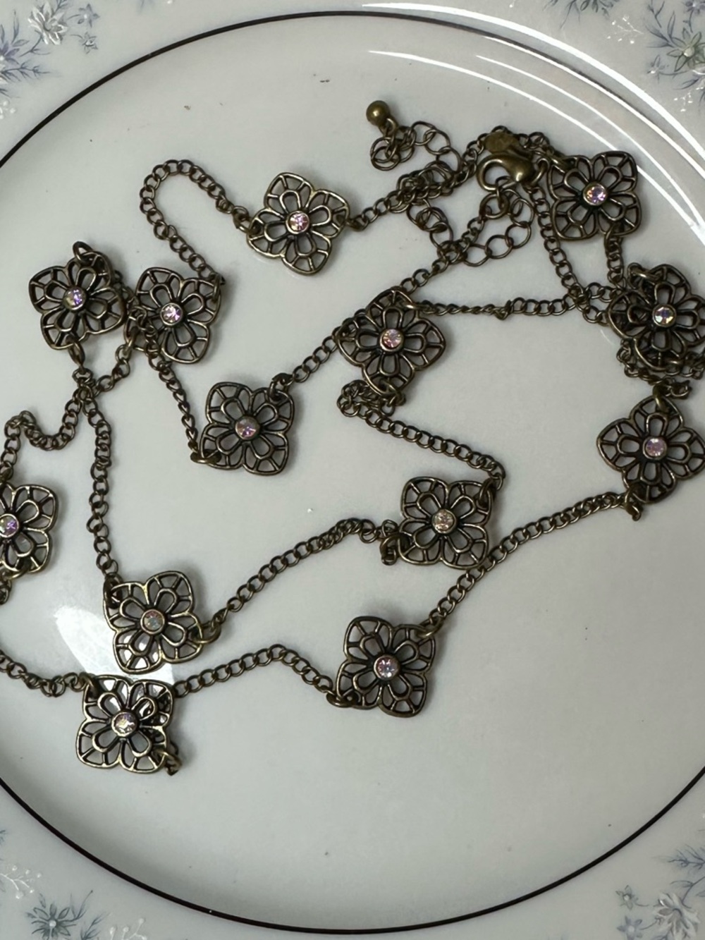 Antique Gold Floral Station Necklace with Pink Crystals - Women Jewelry